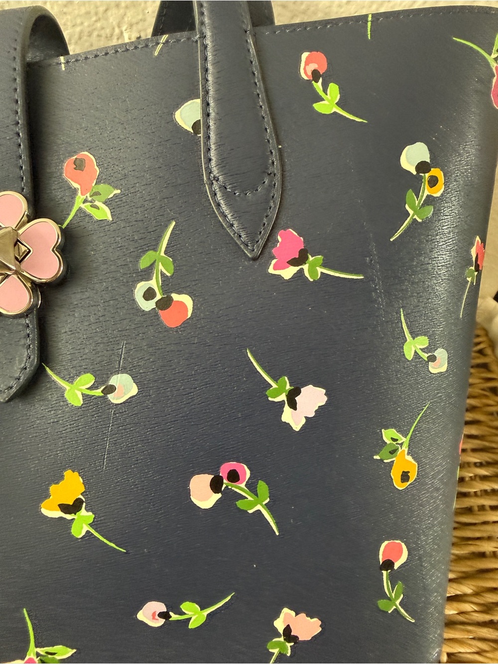 kate spade Navy Floral Small Tote with Pink Flower Snap - Picture 2 of 6